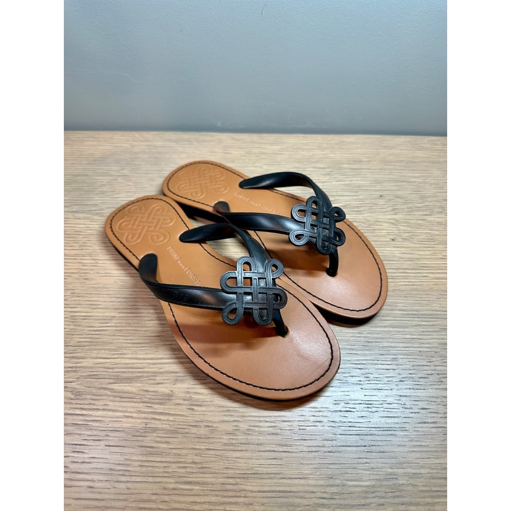 Diane Von Furstenburg Sandals Love Knot Flip Flops Womens 7M Black/Tan DVF